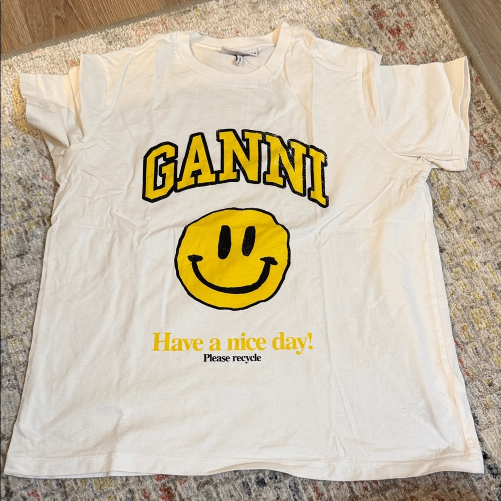 Ganni White Tee with Yellow Smiley Graphic